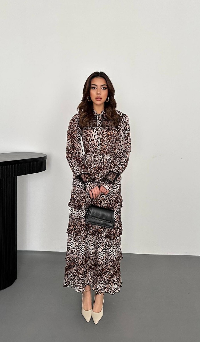 Leopar Pilise Detaylı Lastikli Elbise L Leopar Pilise Detaylı Lastikli Elbise L