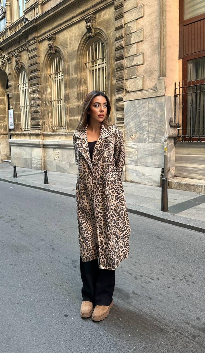 Leopar Ön Ve Arkası Pelerinli Kaban L