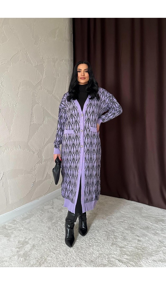 Lila Düğmeli Triko Hırka STD