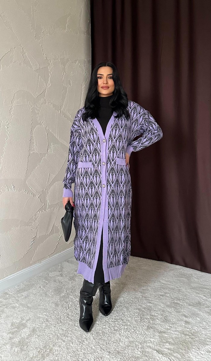 Lila Düğmeli Triko Hırka STD