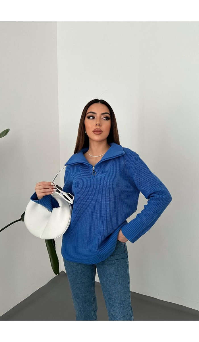 Mavi Fermuarlı Ve Boğazlı Triko Kazak STD Mavi Fermuarlı Ve Boğazlı Triko Kazak STD