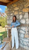 Mavi Korse Detaylı Kot Ceket L