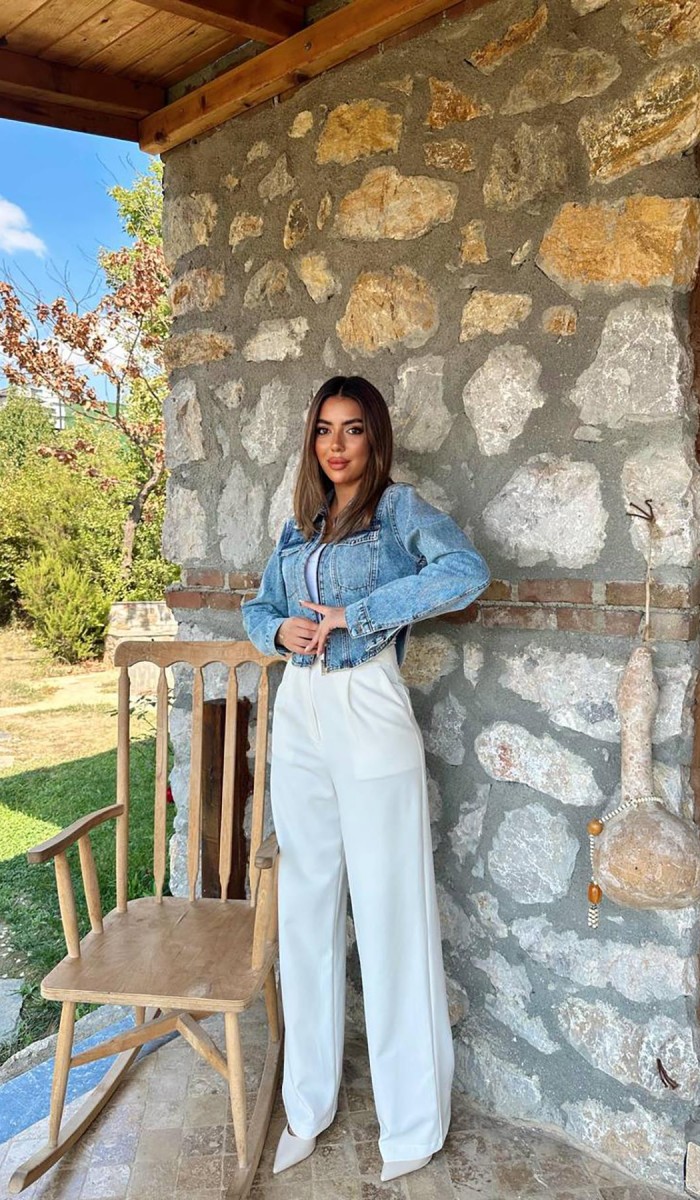 Mavi Korse Detaylı Kot Ceket L