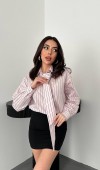 Pembe Boyundan Bağlamalı Çizgili Gömlek L