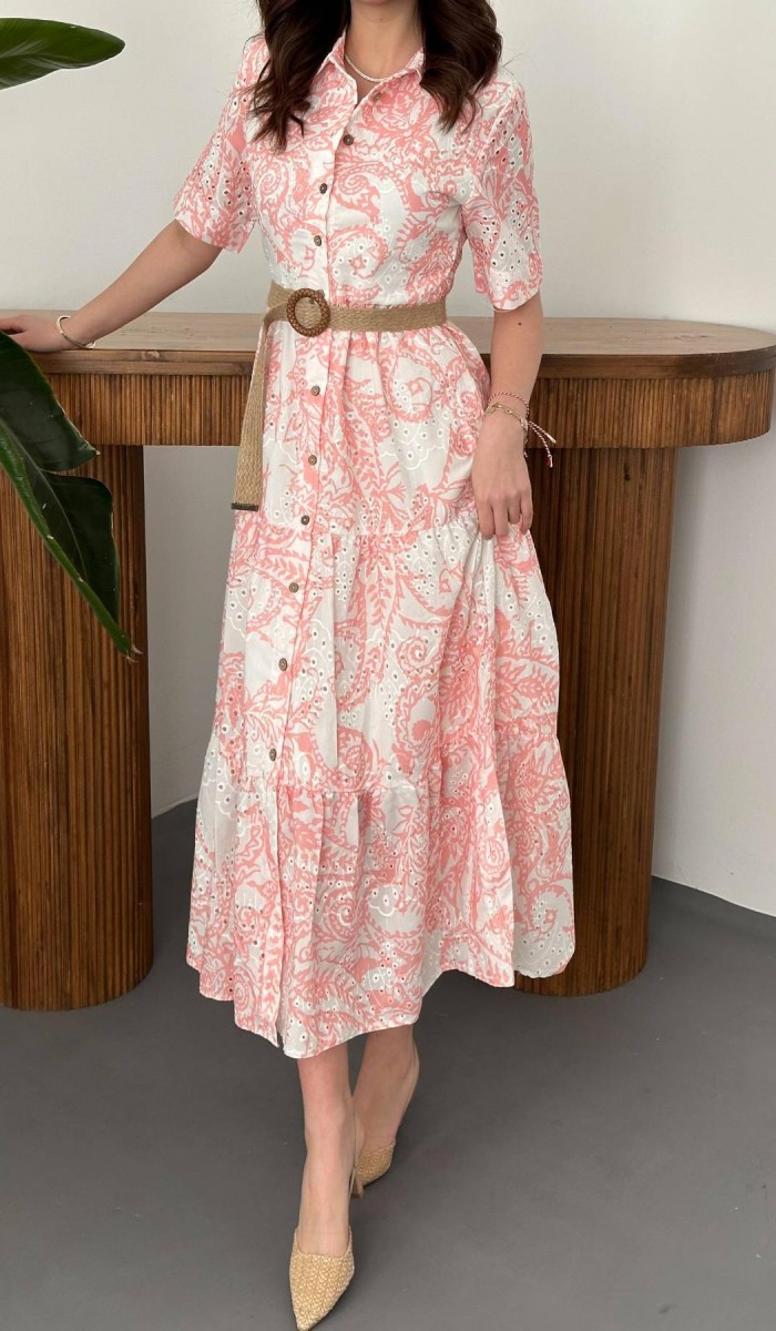 Pembe Brodeli Kolları Bağcıklı Elbise L