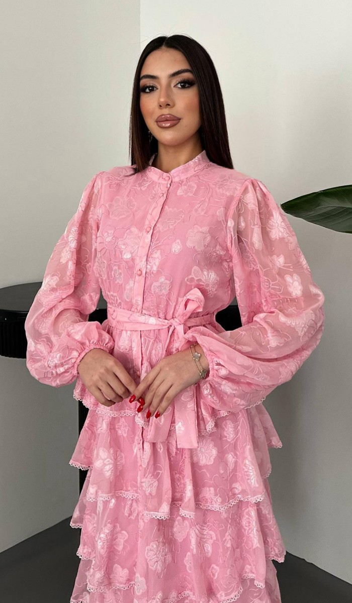 Pembe Kat Kat Volanlı Elbise L