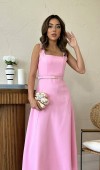 Pembe Kemerli Uzun Atlas Elbise L