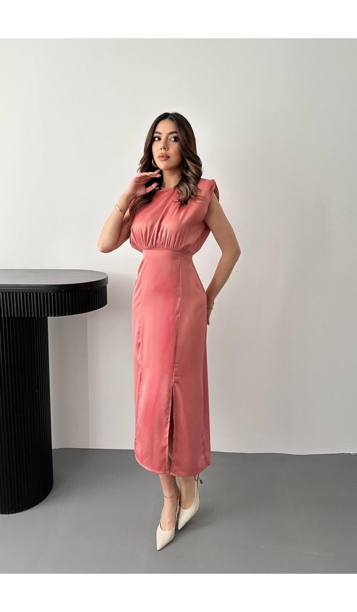 Pudra Eteği Yırtmaçlı Helen Elbise L