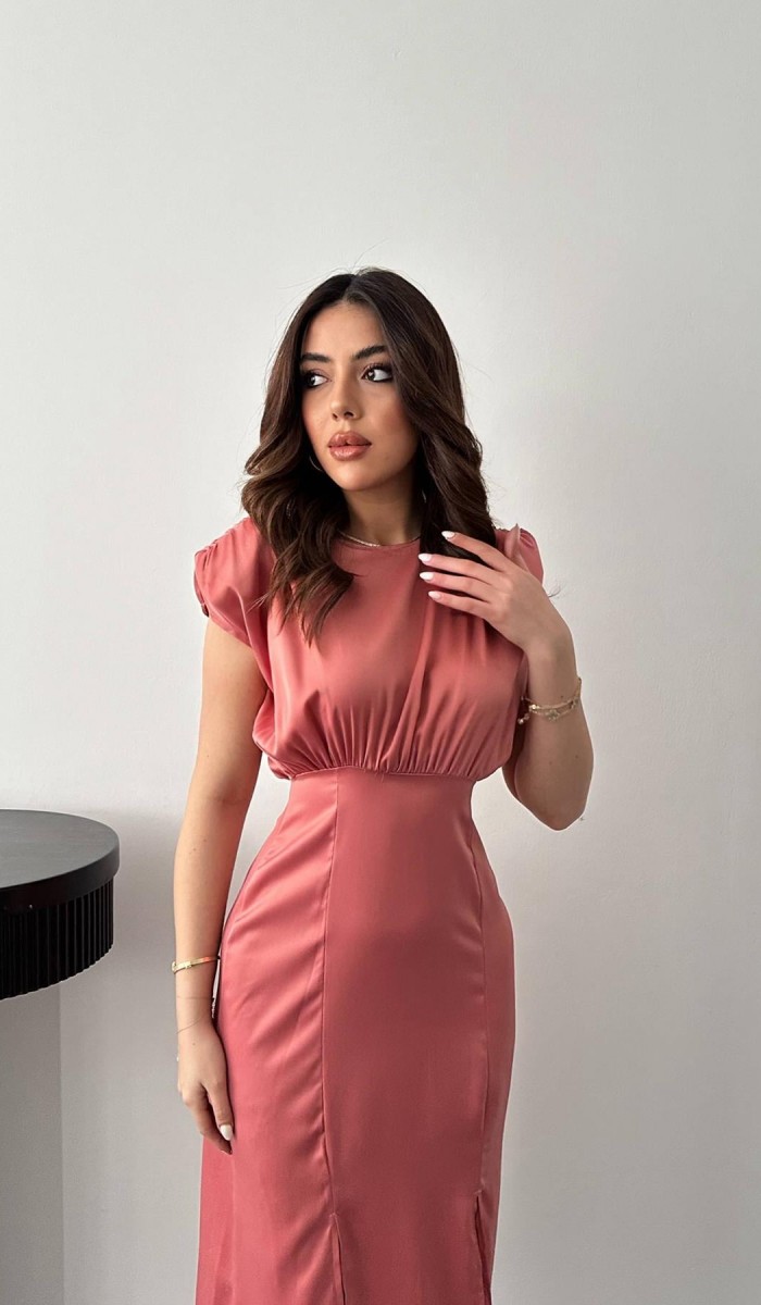Pudra Eteği Yırtmaçlı Helen Elbise L