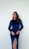 Saks Bağlamalı Kadife Elbise L