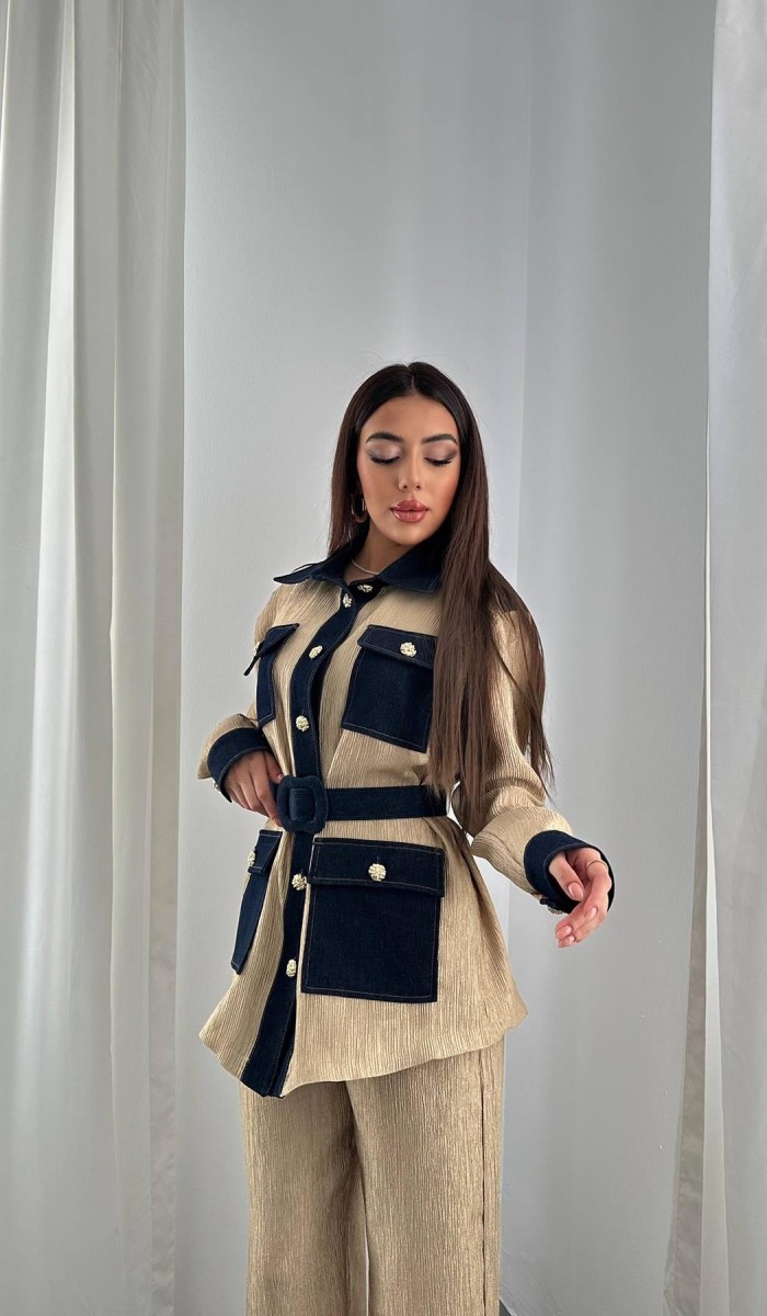 Sarı Garnili Cepli Gömlek Ve Pantolon Takım L