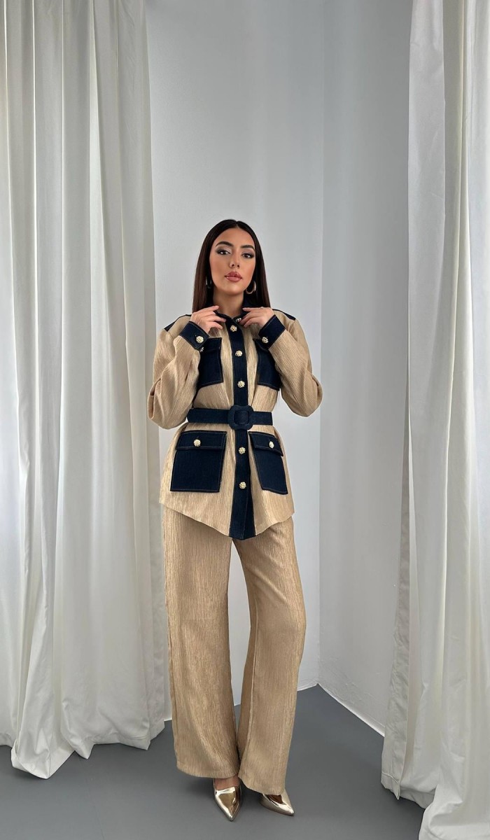 Sarı Garnili Cepli Gömlek Ve Pantolon Takım L