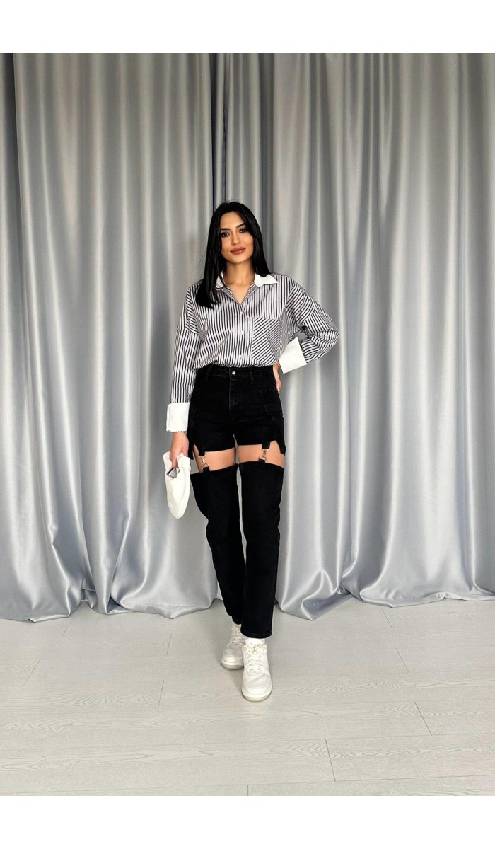 Siyah Askılı İki Parça Jeans Pantolon L