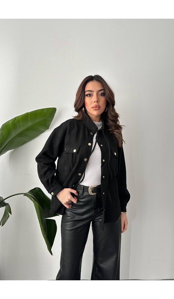 Siyah Çıtçıtlı Süet Gömlek L