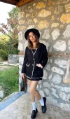 Siyah Çizgili Astarlı Garnili Süet Ceket L