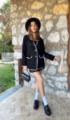 Siyah Çizgili Astarlı Garnili Süet Ceket L
