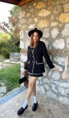 Siyah Çizgili Astarlı Garnili Süet Ceket L