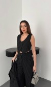 Siyah Çizgili Ceket & Yelek Ve Pantolon Takım L
