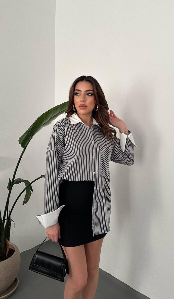 Siyah Çizgili Poplin Uzun Kol Gömlek L