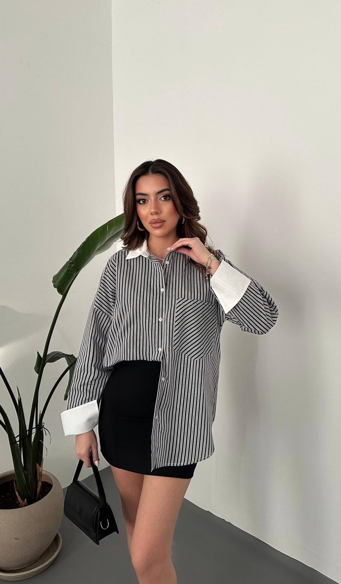 Siyah Çizgili Poplin Uzun Kol Gömlek L