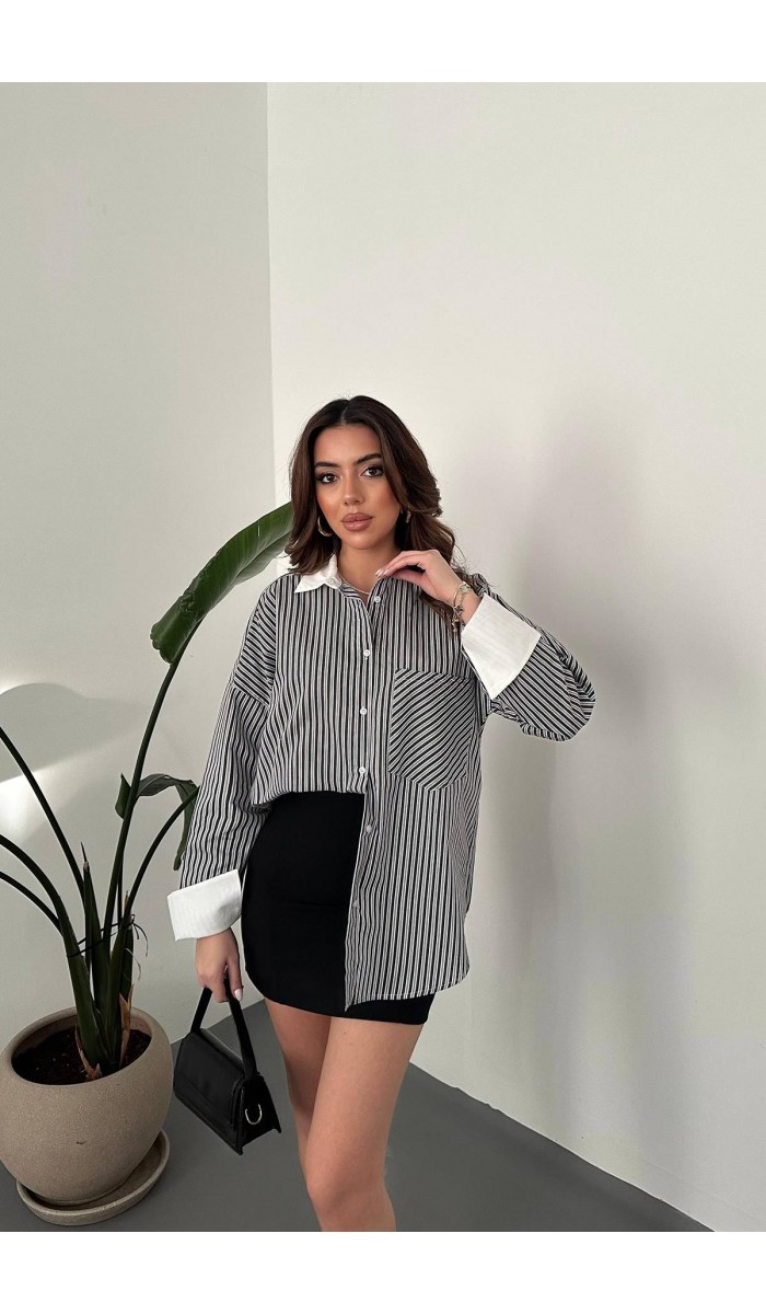 Siyah Çizgili Poplin Uzun Kol Gömlek L