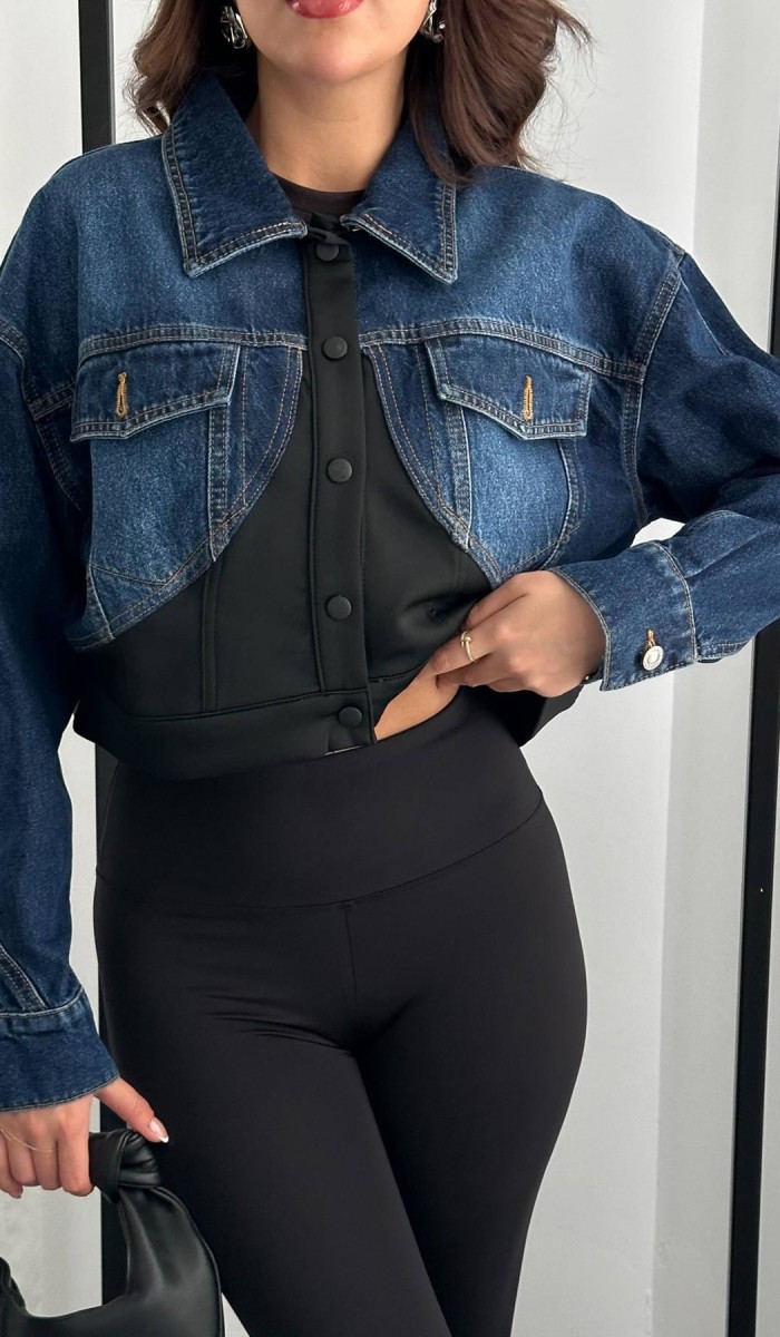 Siyah Denim Scuba Garnili Ceket L