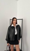 Siyah Düğmeli Deri Ceket L
