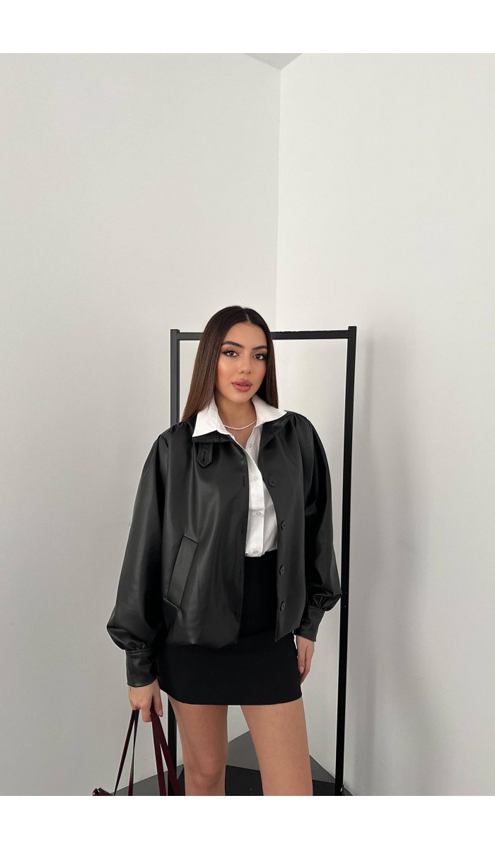 Siyah Düğmeli Deri Ceket L