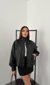 Siyah Düğmeli Deri Ceket L
