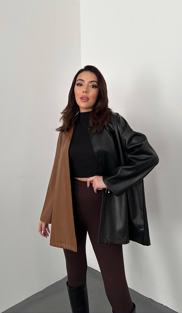 Siyah Garnili Çıtçıtlı Deri Gömlek STD Siyah Garnili Çıtçıtlı Deri Gömlek STD
