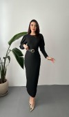 Siyah Kol Tepesi Pileli Kemerli Elbise L