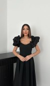 Siyah Kolları Balon Pileli Atlas Elbise L