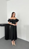 Siyah Kolları Balon Pileli Atlas Elbise L