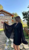 Siyah Kolları Pilseli Atlas Ceket Elbise L