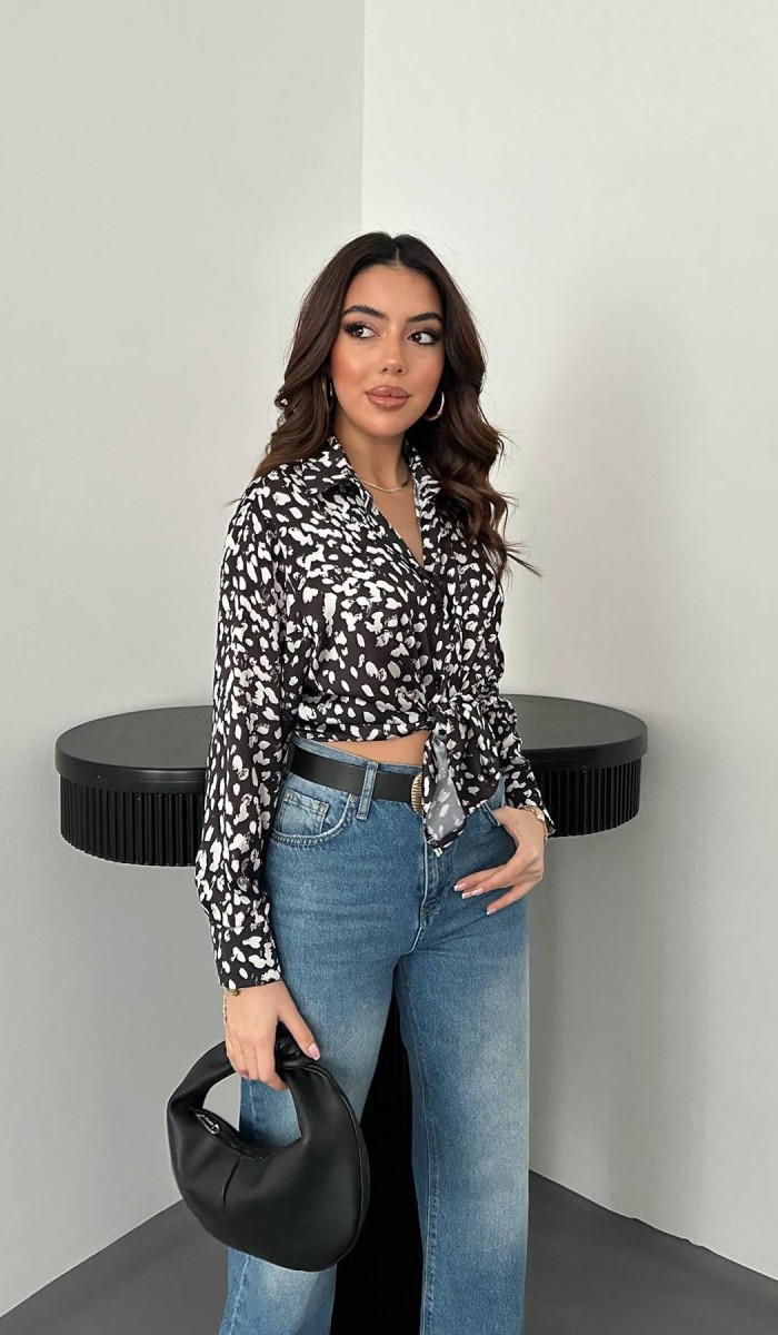 Siyah Leopar Desenli Saten Gömlek L