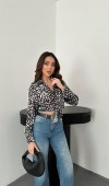 Siyah Leopar Desenli Saten Gömlek L