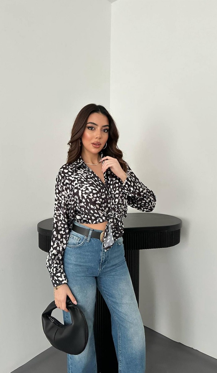 Siyah Leopar Desenli Saten Gömlek L Siyah Leopar Desenli Saten Gömlek L