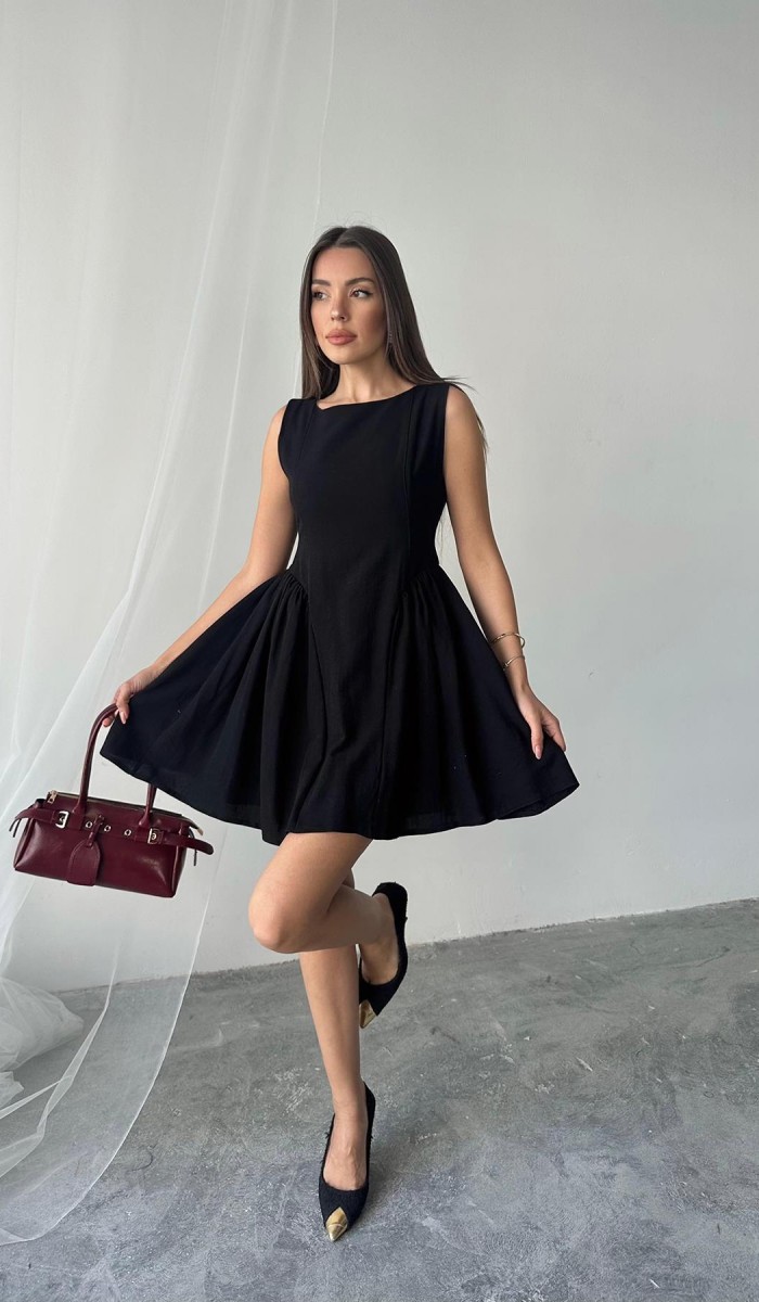 Siyah Mini Boy Büzgülü Keten Elbise L Siyah Mini Boy Büzgülü Keten Elbise L