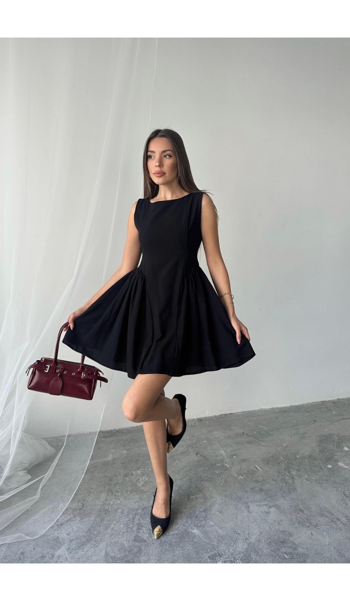 Siyah Mini Boy Büzgülü Keten Elbise L Siyah Mini Boy Büzgülü Keten Elbise L