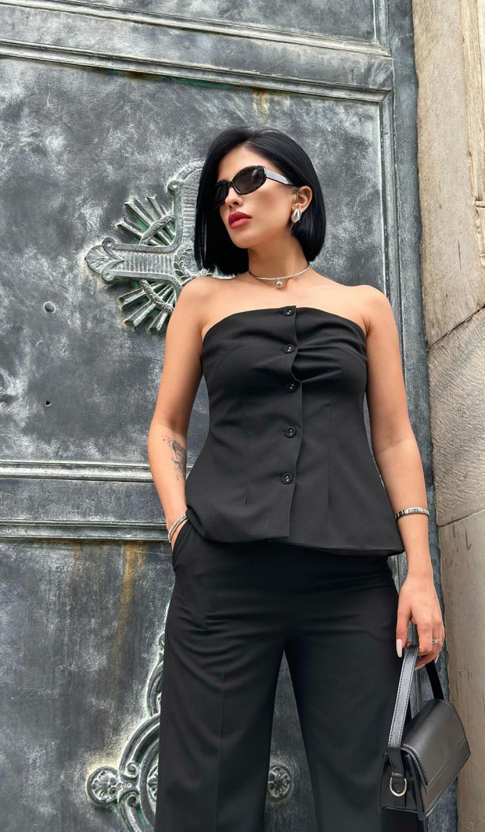 Siyah Straplez Düğmeli Crop Ve Pantolon Takım L
