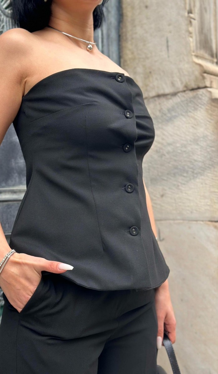 Siyah Straplez Düğmeli Crop Ve Pantolon Takım L