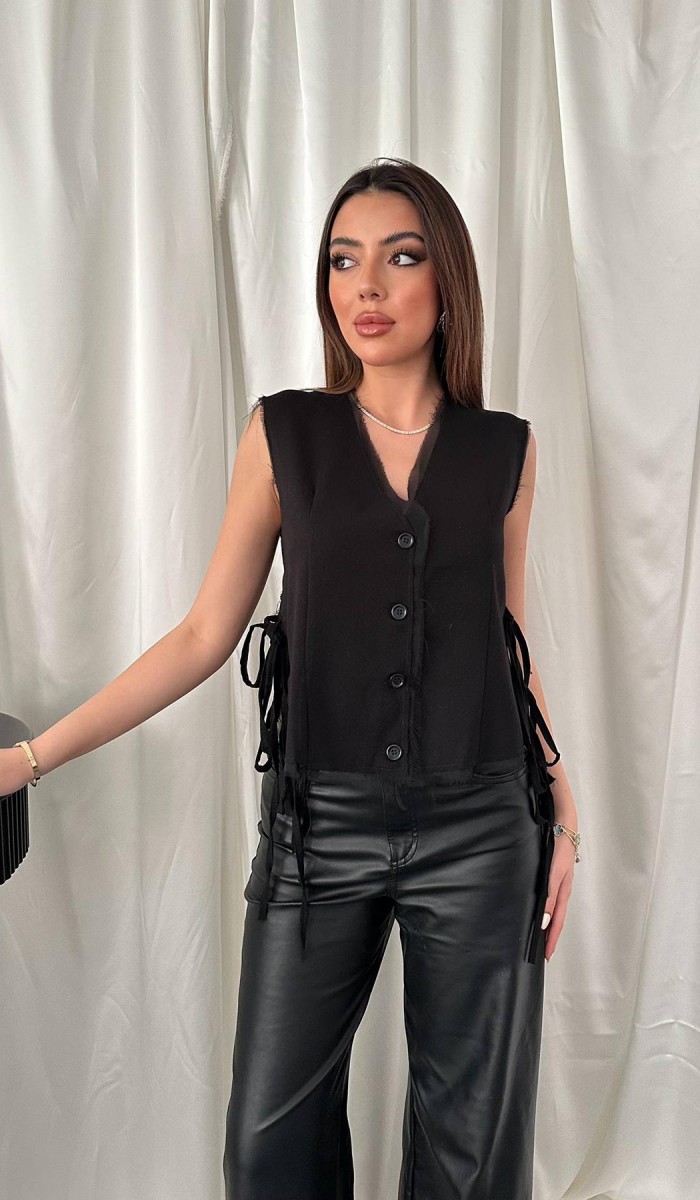 Siyah Yanları Bağcıklı Yelek L
