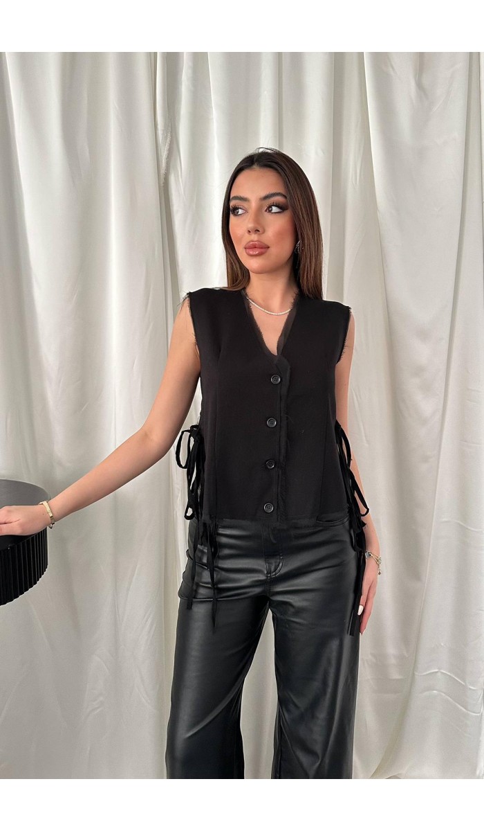 Siyah Yanları Bağcıklı Yelek L