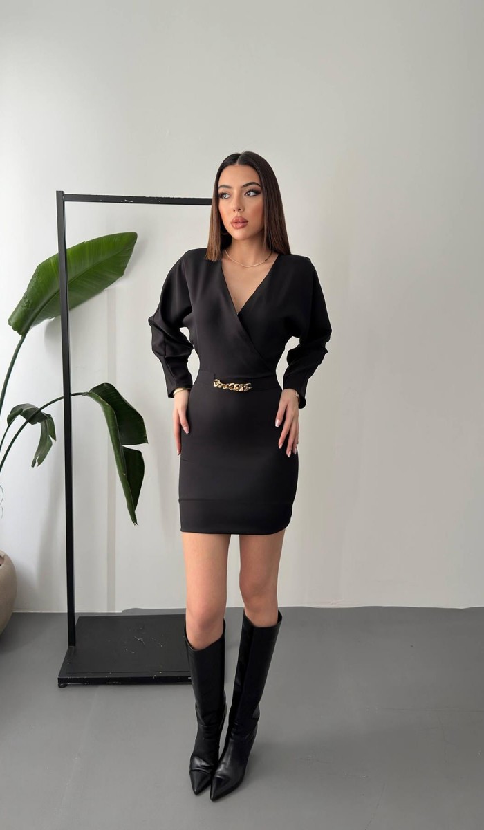 Siyah Zincir Detaylı Elbise L