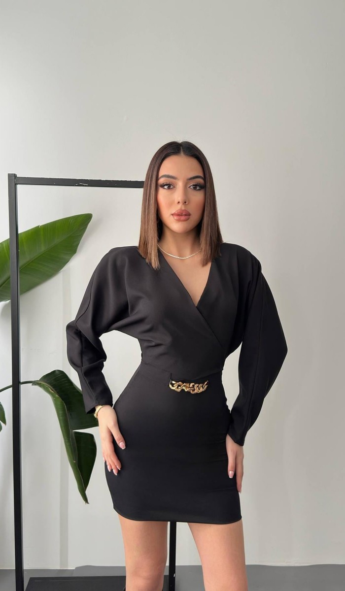 Siyah Zincir Detaylı Elbise L