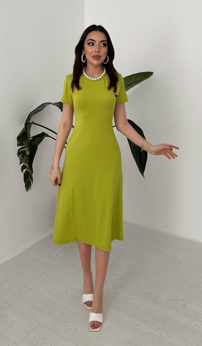Yeşil Basic Fitilli Midi Elbise L Yeşil Basic Fitilli Midi Elbise L