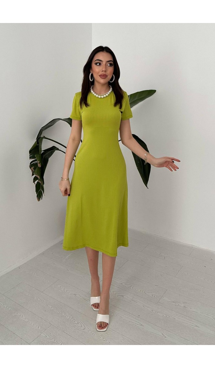 Yeşil Basic Fitilli Midi Elbise L