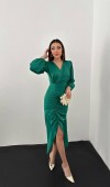 37351 - Zümrüt V Yaka Saten Elbise L Zümrüt V Yaka Saten Elbise L