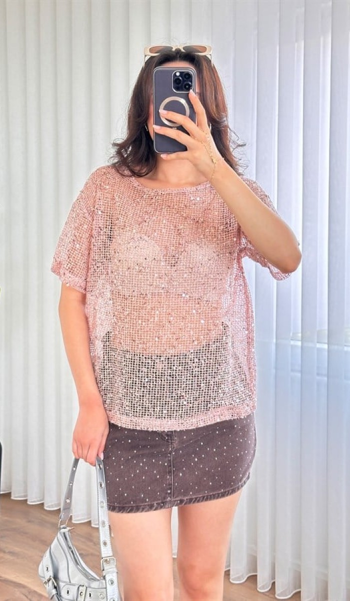 Pul Payet Geçişli Toptan Pembe Bluz Pembe