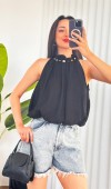 Yakası Boncuklu Balon Model Toptan Siyah Bluz Sarı